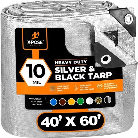 Xpose Safety Heavy Duty Tarp, 40 ft x 60 ft, 10 mil, Silver/Black, Polyethylene STH-4060-X